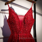 Wine Red Straps V-Neckline Lace Applique Long Semi Formal Prom Dress, Dark Red Formal Dresses